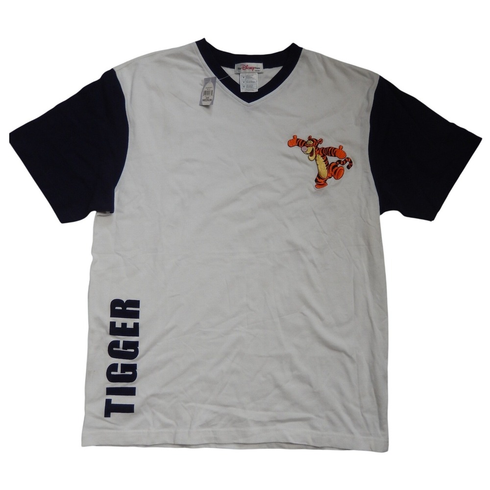 Disney Store Tigger V-Neck T-Shirt Mens Medium White Navy Blue Embroidered